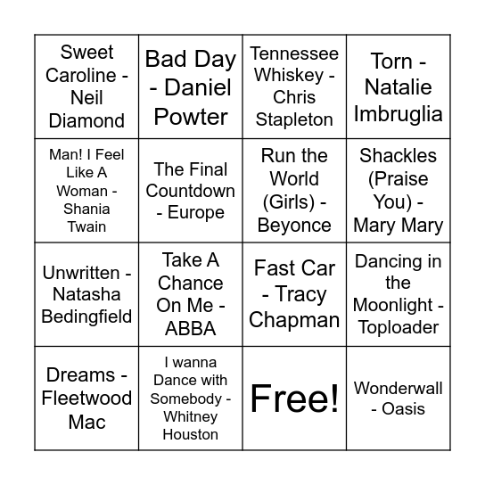 Lauren's Hen Music Bingo Card