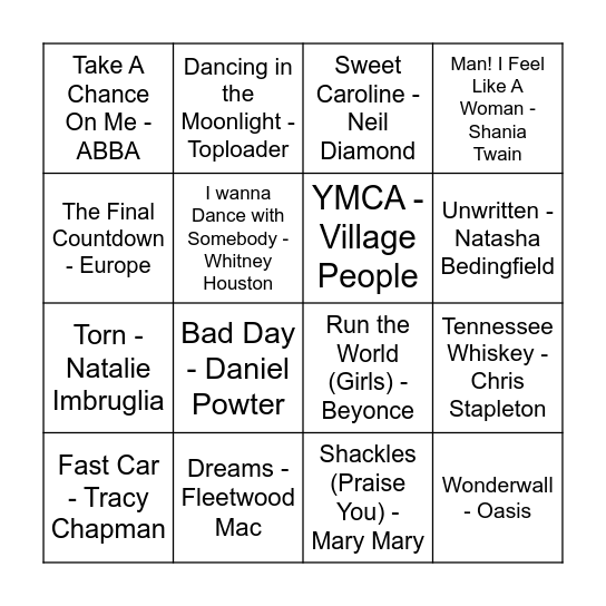Lauren's Hen Music Bingo Card