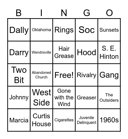 The Outsiders Bingo Card