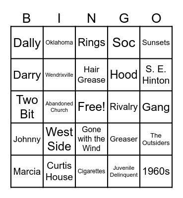 The Outsiders Bingo Card