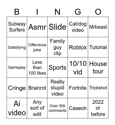 YouTube shorts bingo Card