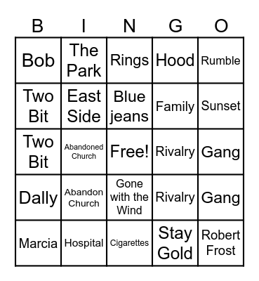 The Outsiders Bingo Card