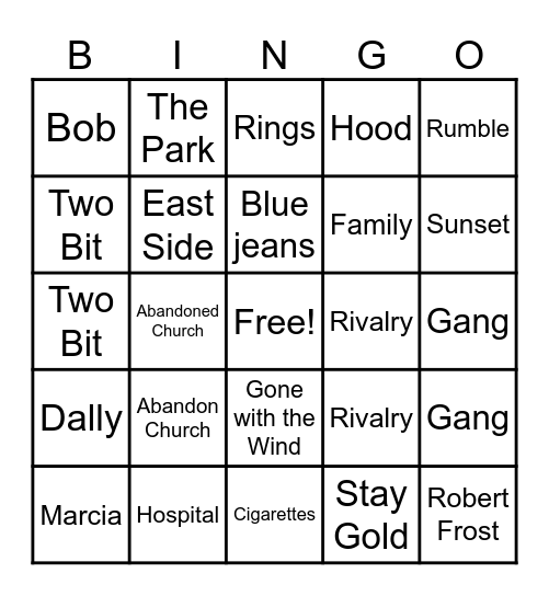 The Outsiders Bingo Card