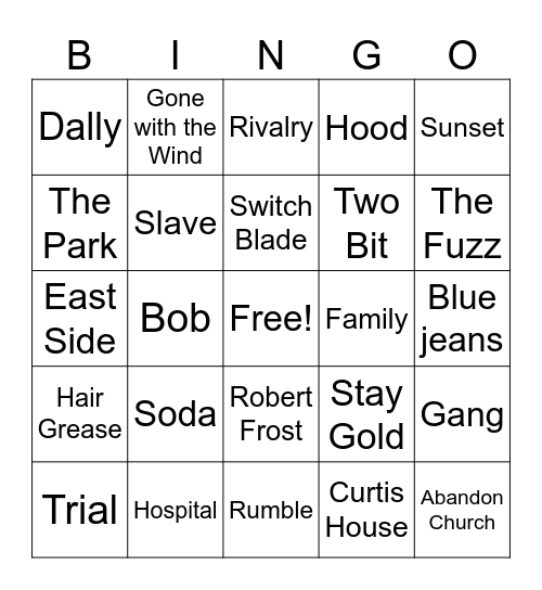 The Outsiders Bingo Card