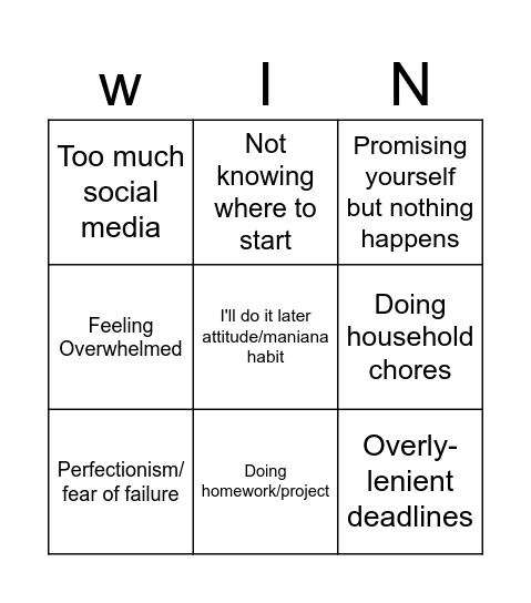 Procrastinate! Bingo Card