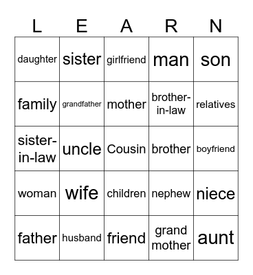 English Bingo Card