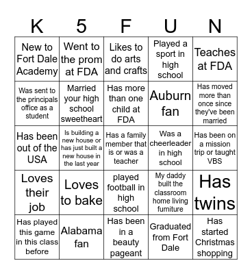 Welcome to Kindergarten! Bingo Card