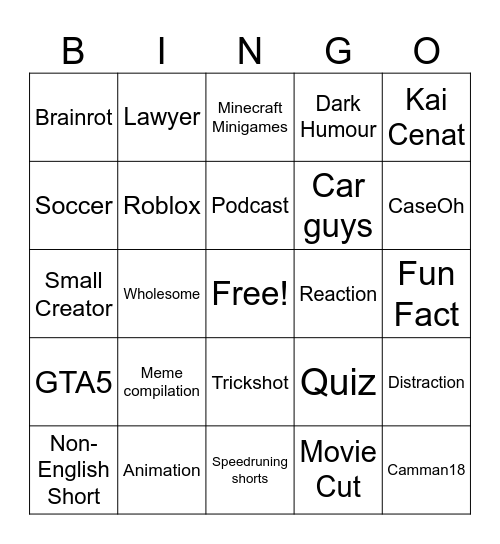 Youtube shorts bingo Card