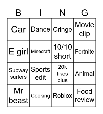 YouTube shorts Bingo Card