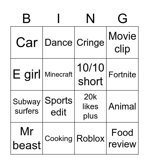 YouTube shorts Bingo Card