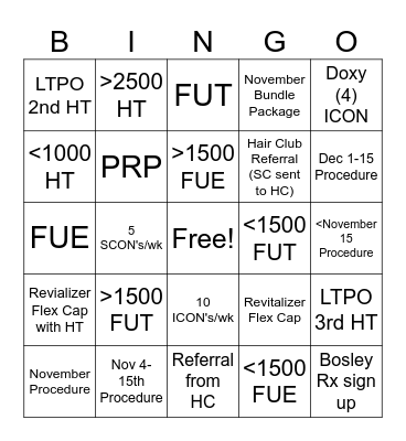 Hair Transplant Bingo Card