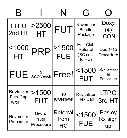 Hair Transplant Bingo Card