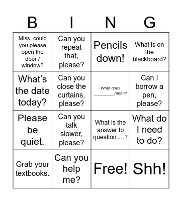 Common classroom expressions Bingo Card
