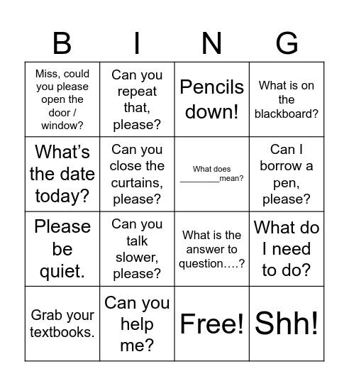 Common classroom expressions Bingo Card