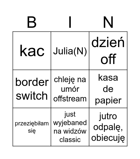 wymówkowe sringo Bingo Card