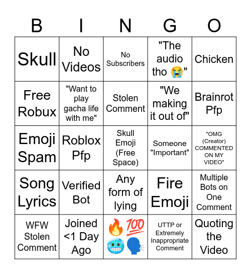 Shorts Comments Bingo Card