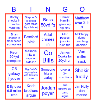 Bills vs Dolphins Bingo Card