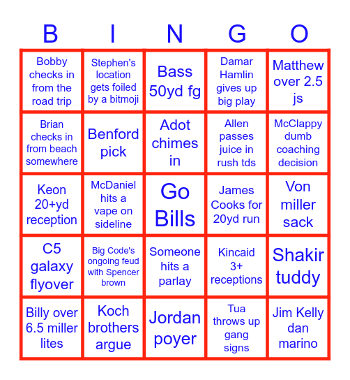 Bills vs Dolphins Bingo Card