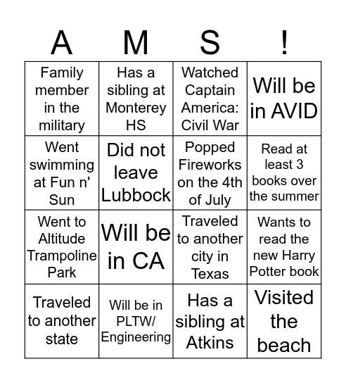 Back 2 School Bingo Card