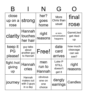 Hannah B Bachelorette Night 7 Bingo Card