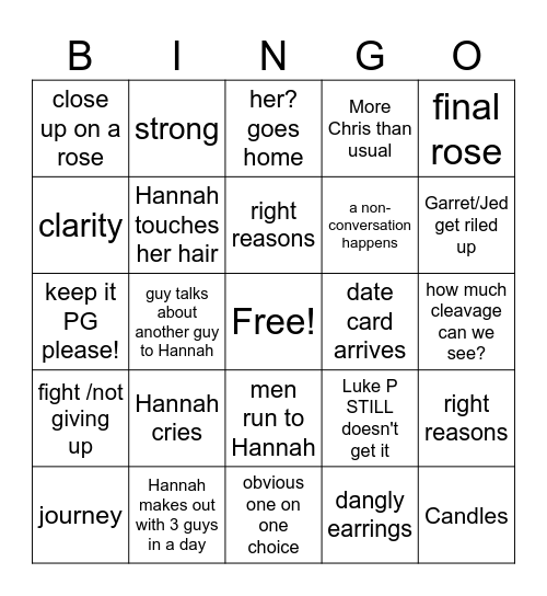 Hannah B Bachelorette Night 7 Bingo Card