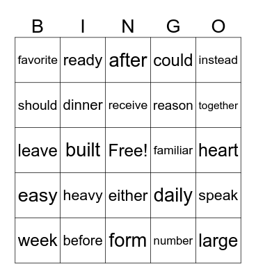 HFW Bingo Card