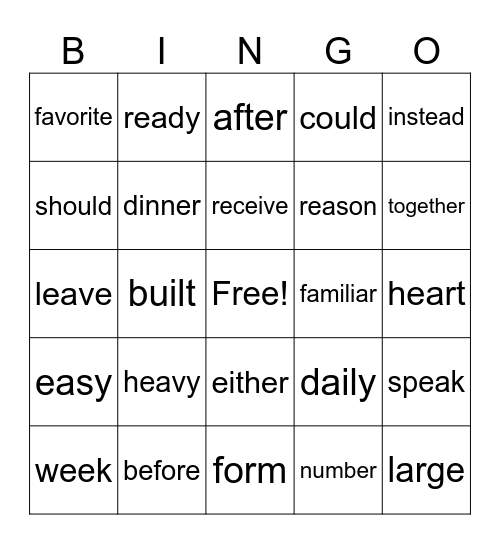 HFW Bingo Card