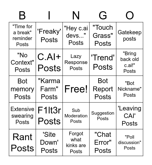 r/CharacterAI Posts Bingo! Bingo Card