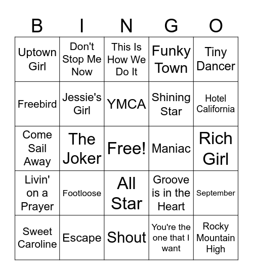 Karaoke Hits Bingo Card