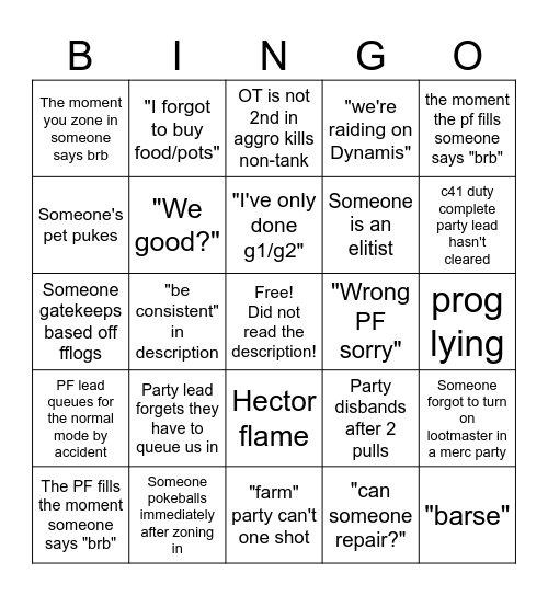 PF meme Bingo Board Bingo Card