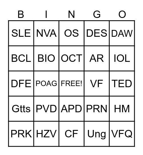 SEI Ophthalmology Bingo Card