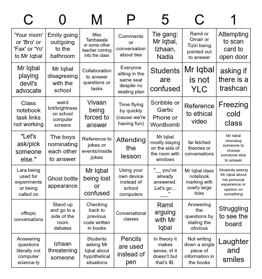 12D Computer Science - M20 Bingo Card