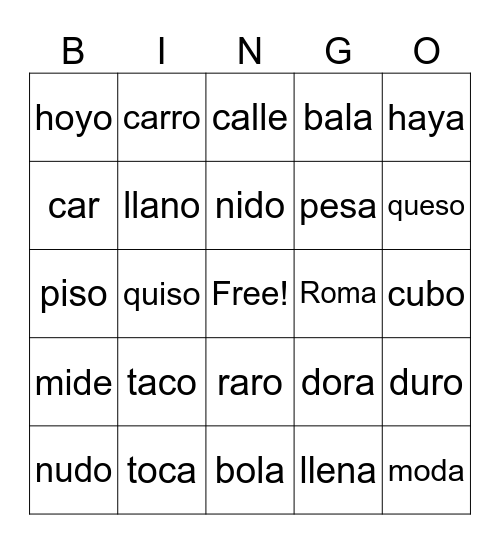 Palabras de Dos Silabas Bingo Card