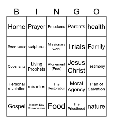 God's Hand Bingo Card