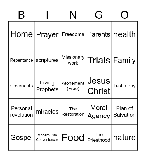 God's Hand Bingo Card