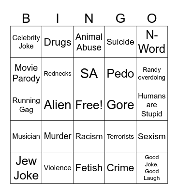 South Park Offensive Bingo Card