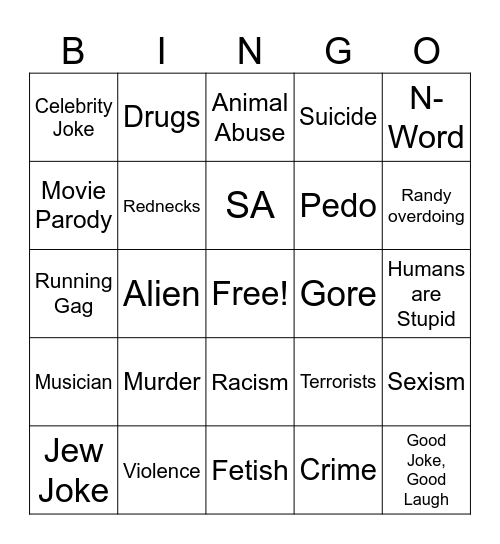 South Park Offensive Bingo Card