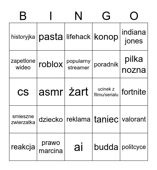 youtube spodenki Bingo Card