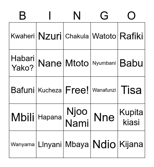 Swahili BINGO! Bingo Card