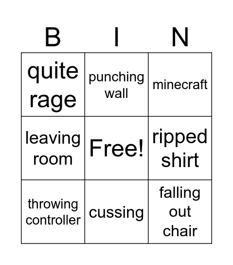 gamer rage Bingo Card