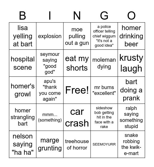 simpson Bingo Card