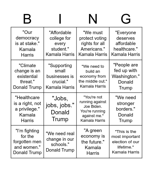 US Election Night Bingo Card