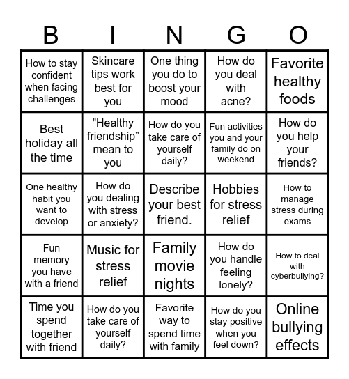 Topic: Self Care Bingo Card