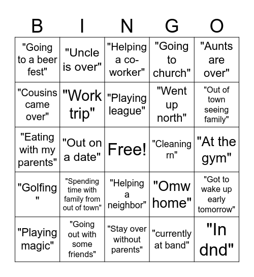 Aaron excuse bingo Card