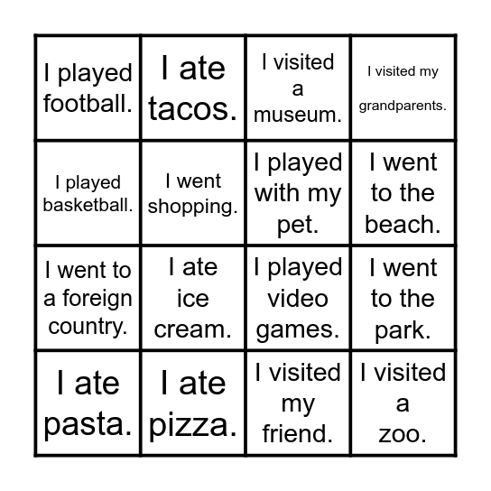 Holidays Bingo Card