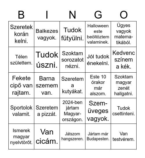 Ismerkedo bingo Card