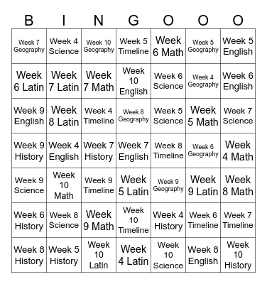 Week 4-7 Review Bingo Card