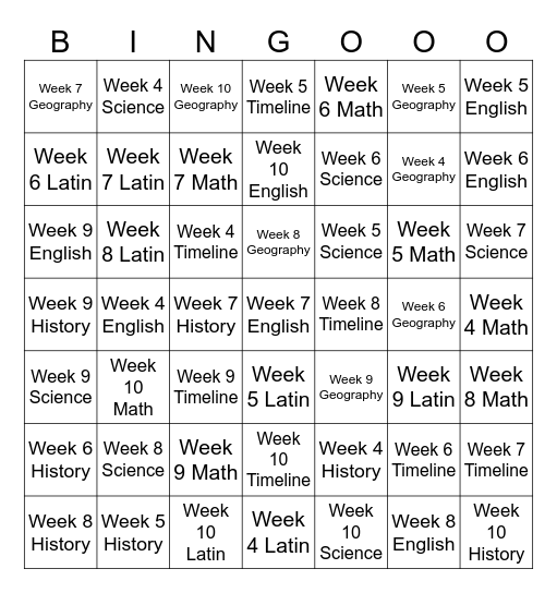 Week 4-7 Review Bingo Card