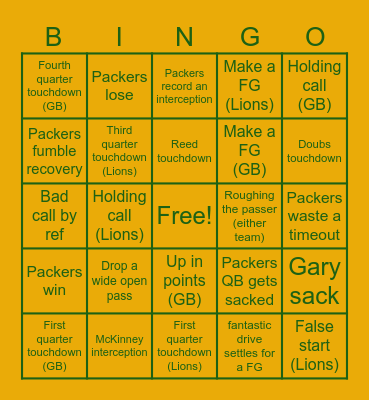 Week 9 VS Lions Bingo Card