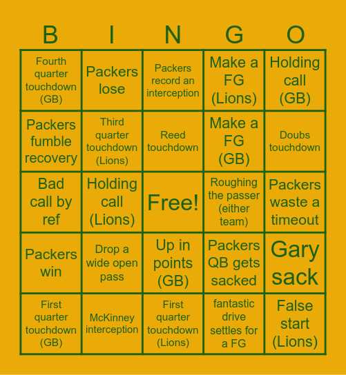 Week 9 VS Lions Bingo Card